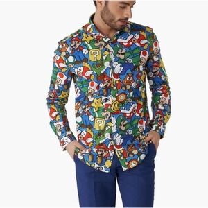 Opposuits Super‎ Mario Tailored Nintendo Shirt Men Small 37/38 14.8" Long Sleeve